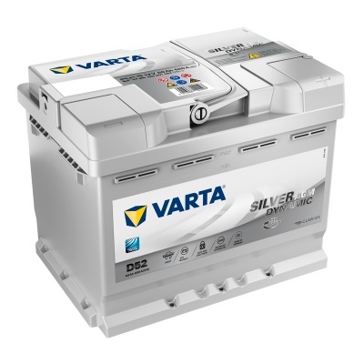 Bateria automóvel VARTA Silver Dynamic cinzenta e branca com etiquetas e texto visível.