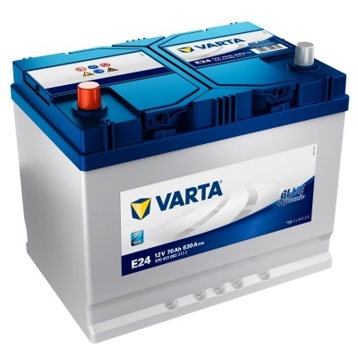 Bateria automóvel VARTA E24 azul e branco com terminais vermelho e cinzento