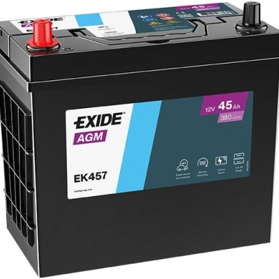 Bateria automóvel preta Exide AGM modelo EK457 com etiquetas coloridas