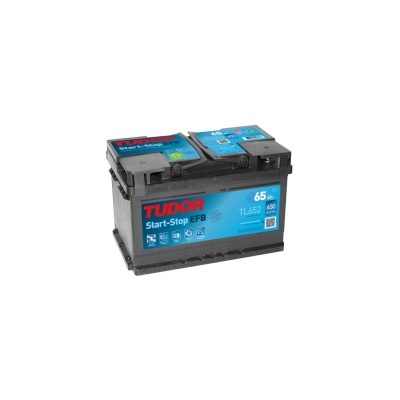 bateria automóvel TUDOR Start-Stop EFB preta com etiquetas azuis e vermelhas