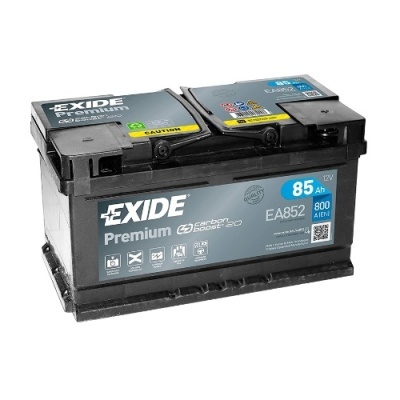 Bateria de carro Exide Premium EA852 preta com rótulos cinza, azul e amarelo