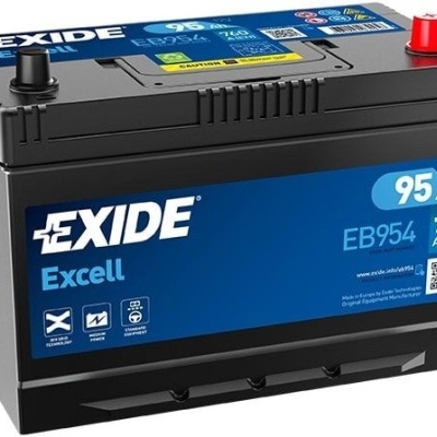 Bateria automóvel EXIDE Excell EB954 preta com etiquetas azuis e terminais vermelhos e pretos.