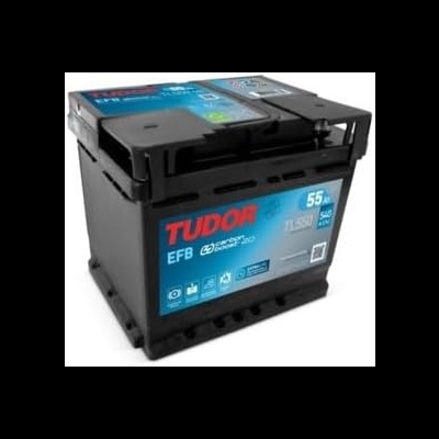 Bateria automóvel preta TUDOR modelo EFB com etiqueta azul e vermelha