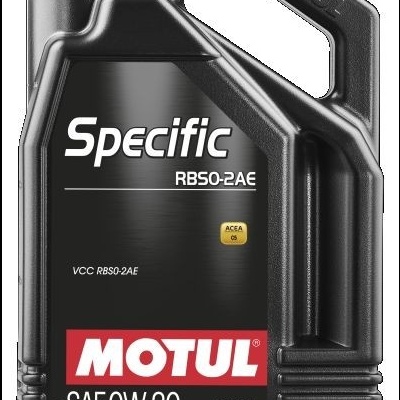 Frasco de óleo de motor Motul Specific preto com tampa vermelha e rótulo