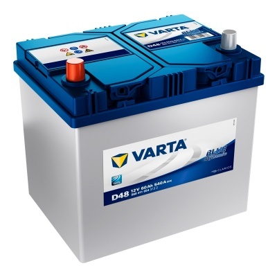 Bateria automóvel VARTA azul e branca com etiquetas e polos elétricos