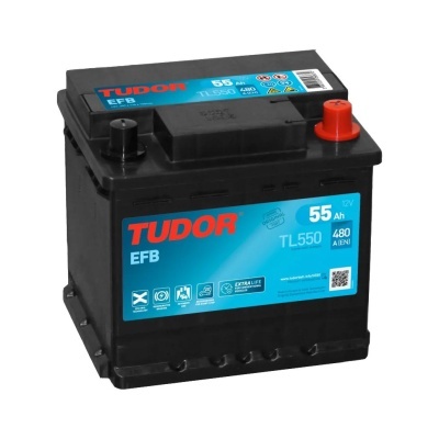 Bateria automóvel TUDOR EFB preta com etiqueta azul e terminais vermelho e preto
