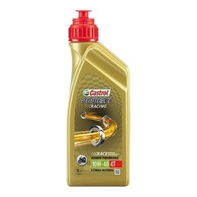 Frasco dourado de óleo Castrol Power 1 Racing 10W-40 4T com tampa vermelha