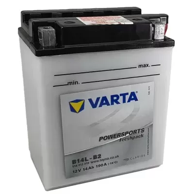 Bateria VARTA Powersports branca com tampa preta e etiquetas azuis e cinza