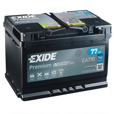 Bateria automóvel Exide Premium 77 Ah preta com etiquetas e texto em azul e branco