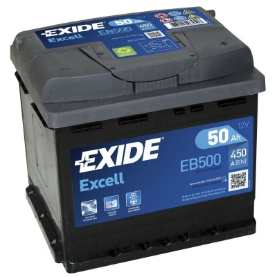 Bateria EXIDE Excell EB500 preta e cinzenta com etiquetas azuis e texto branco