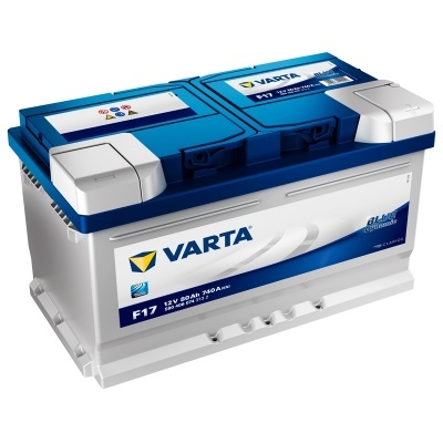 Bateria automóvel VARTA azul e cinza com rótulos e especificações visíveis