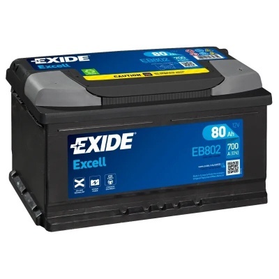 Bateria de automóvel Exide Excell 80Ah 12V preta com etiquetas azuis e amarelas