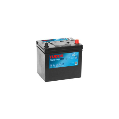 Bateria automóvel preta TUDOR Start-Stop EFB TL604 com etiqueta azul e polos positivo e negativo.
