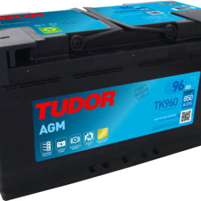 Bateria automóvel preta TUDOR AGM com etiqueta azul e texto vermelho e branco