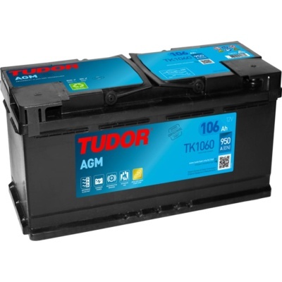 Bateria automóvel TUDOR AGM preta com etiqueta azul e detalhes técnicos