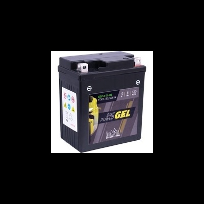 Bateria para moto preta com rótulo BIKE POWER GEL e sinais de aviso coloridos