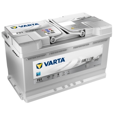 Bateria automóvel VARTA Silver Dynamic 12V cinzenta com etiquetas azuis e amarelas e duas pegas brancas.