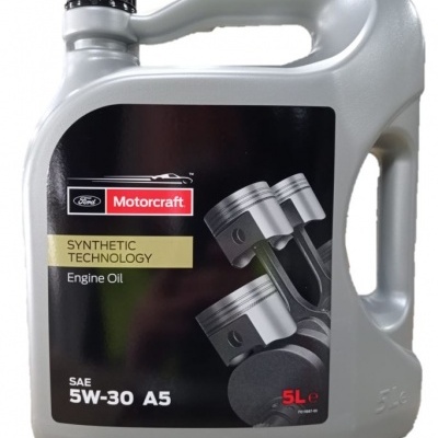 Recipiente cinza de óleo de motor Motorcraft 5 litros com rótulo preto e vermelho