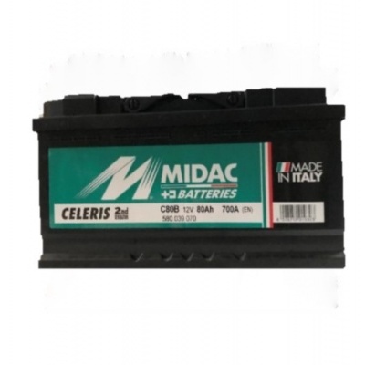 Bateria automóvel MIDAC verde e preta modelo CELERIS 2nd 12V 80Ah 700A EN