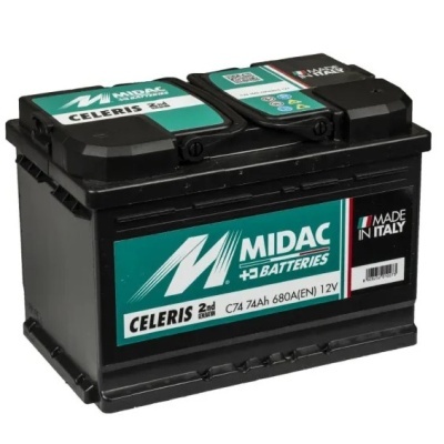 Bateria automóvel preta MIDAC CELERIS com etiquetas verdes e texto em branco