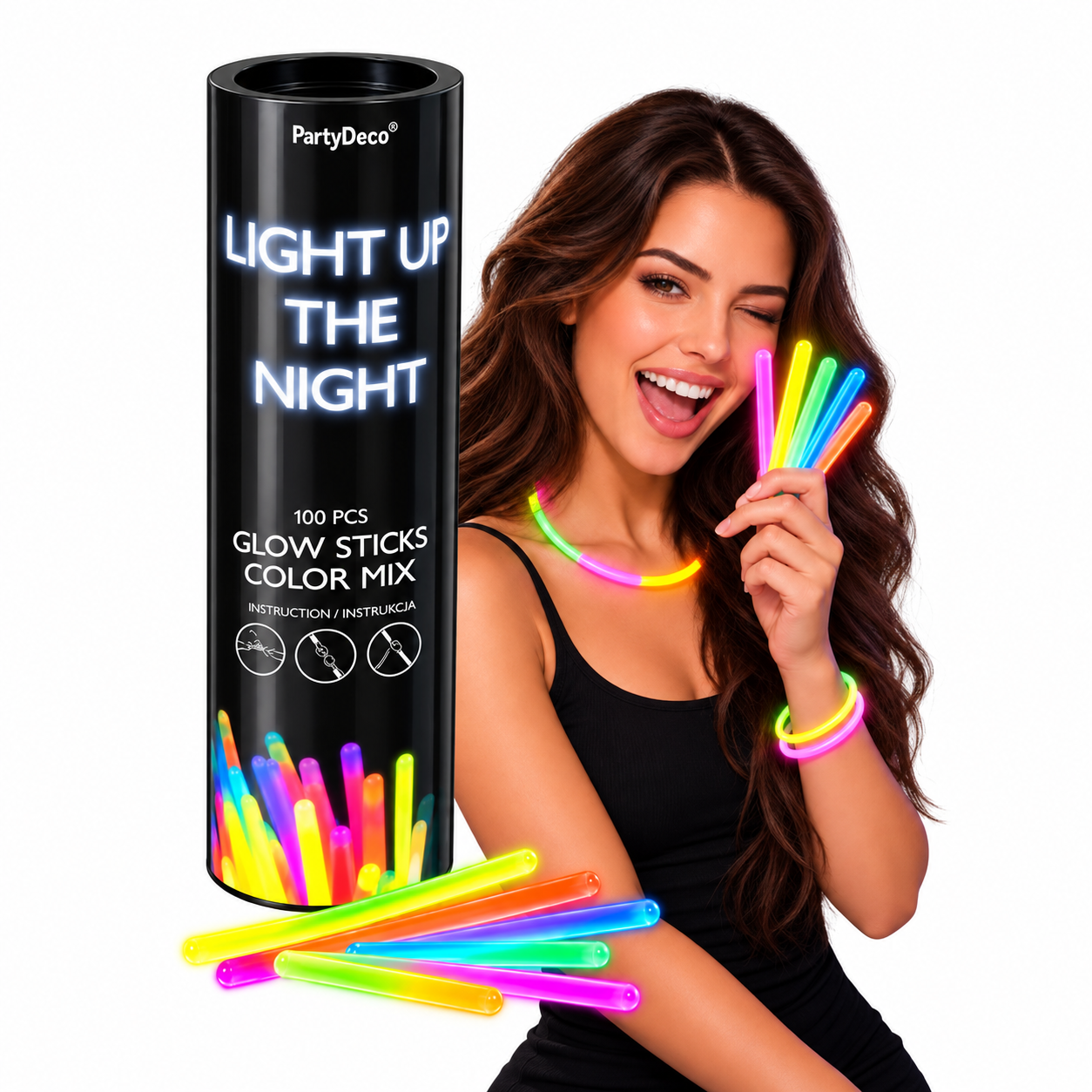 Pack de 100 Bastões Luminosos Multicolor Bastões luminosos coloridos em tubo preto e modelo feminina com acessórios coloridos luminosos