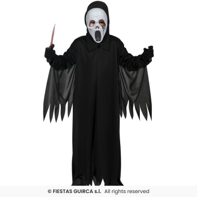 Criança com fantasia de terror com vestido preto e máscara branca