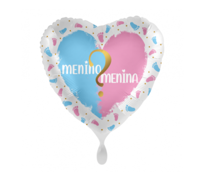 Balão foil em forma de coração azul e cor-de-rosa com texto menino menina e ponto de interrogação
