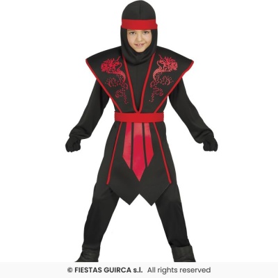 Fato de ninja infantil preto com detalhes vermelhos e padrões de dragões