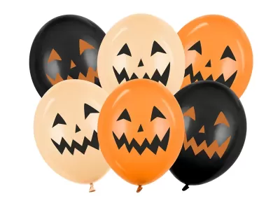 Balões com rostos de abóboras de Halloween em preto, laranja e bege