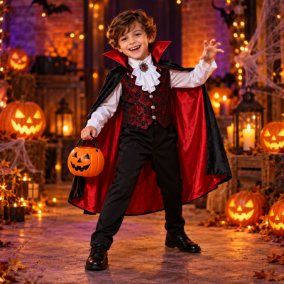 Criança em fato de vampiro com capa preta e vermelha segurando balde de abóbora em cenário de Halloween