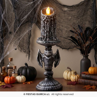 Castiçal preto com morcego e vela LED, decoração de Halloween com abóboras e teias de aranha