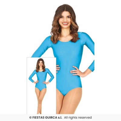Collant azul de manga comprida em modelo feminina com as mãos na cintura