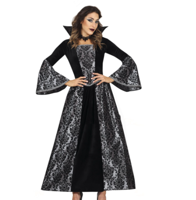 Vestido longo preto e cinzento com padrão floral e gola alta