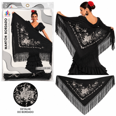 Mantón bordado triangular preto com franjas e bordado floral branco