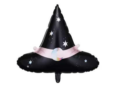 Balão chapéu de bruxa preto com estrelas e lua holográfica