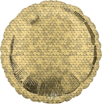 Balão redondo dourado metálico com padrão de escamas e logotipo