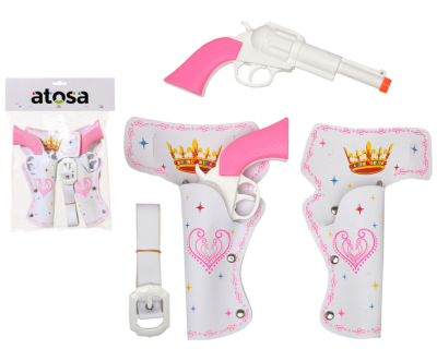 Conjunto de brinquedo com pistolas de plástico cor-de-rosa e branco, coldres decorados com coroas e estrelas, e cinto branco.