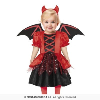 Vestido fantasia de diabinho para criança com asas, chifres e saia preta e vermelha