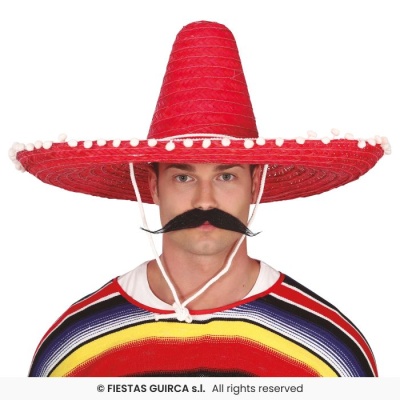 Homem com chapéu mexicano vermelho e bigode falso