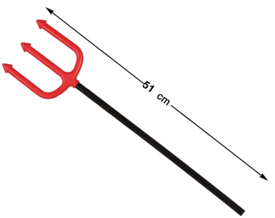Tridente de plástico vermelho e preto com 51 cm sobre fundo branco