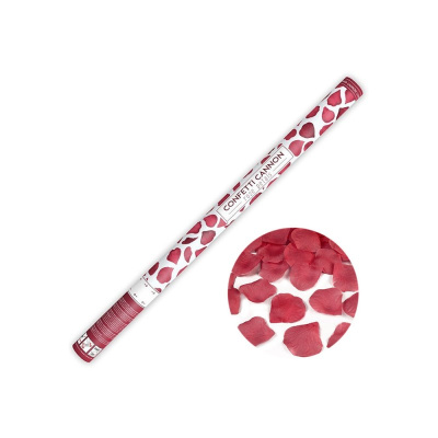 Cano de confete branco com pétalas de rose vermelhas e etiqueta CONFETTI CANNON