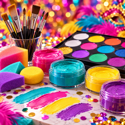 Conjunto colorido de pincéis, esponjas, tintas e palete de maquiagem com fundo festivo