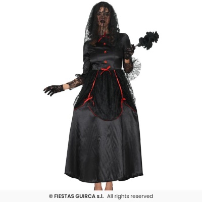 Vestido longo preto com botões vermelhos e avental de renda preta com laços vermelhos