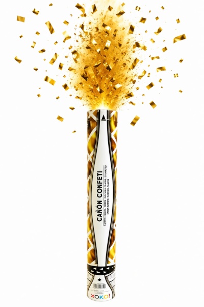 Canhão de confetti dourado e branco a disparar confetti dourado com texto e marca visíveis.