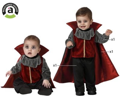 Bebés com fato de vampiro vermelho e preto e camisa cinza com gola franzida