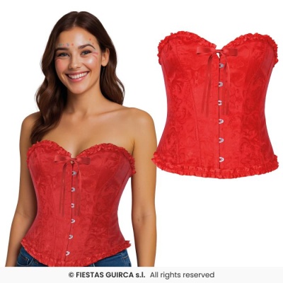 Corpete vermelho com padrão floral e fecho frontal