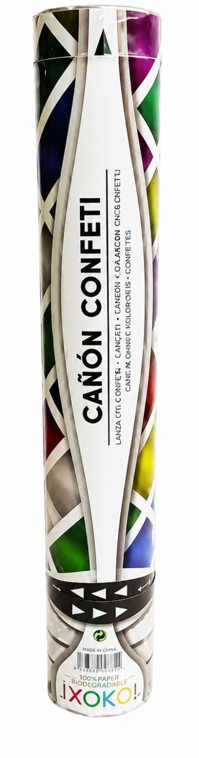Cilindro colorido de cartão com texto CAÑÓN CONFETI e informações de biodegradabilidade e origem.