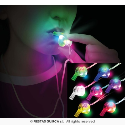 Apito plástico transparente com luzes LED coloridas e cordão rosa
