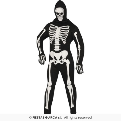 Fato de esqueleto preto com ossos brancos e capuz com máscara de caveira