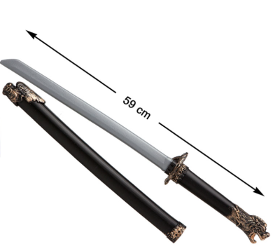 Katana decorativa com bainha preta e detalhes dourados
